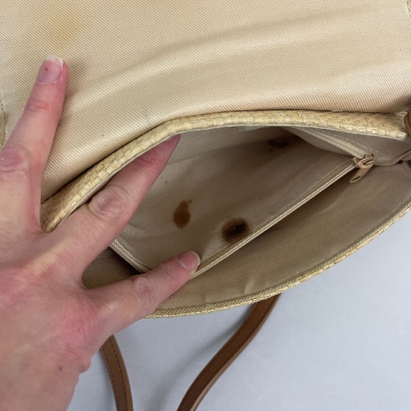 Vintage Fossil Straw Crossbody Bag Purse Floral Embroidered Tan‎ Leather Strap - Picture 10 of 13